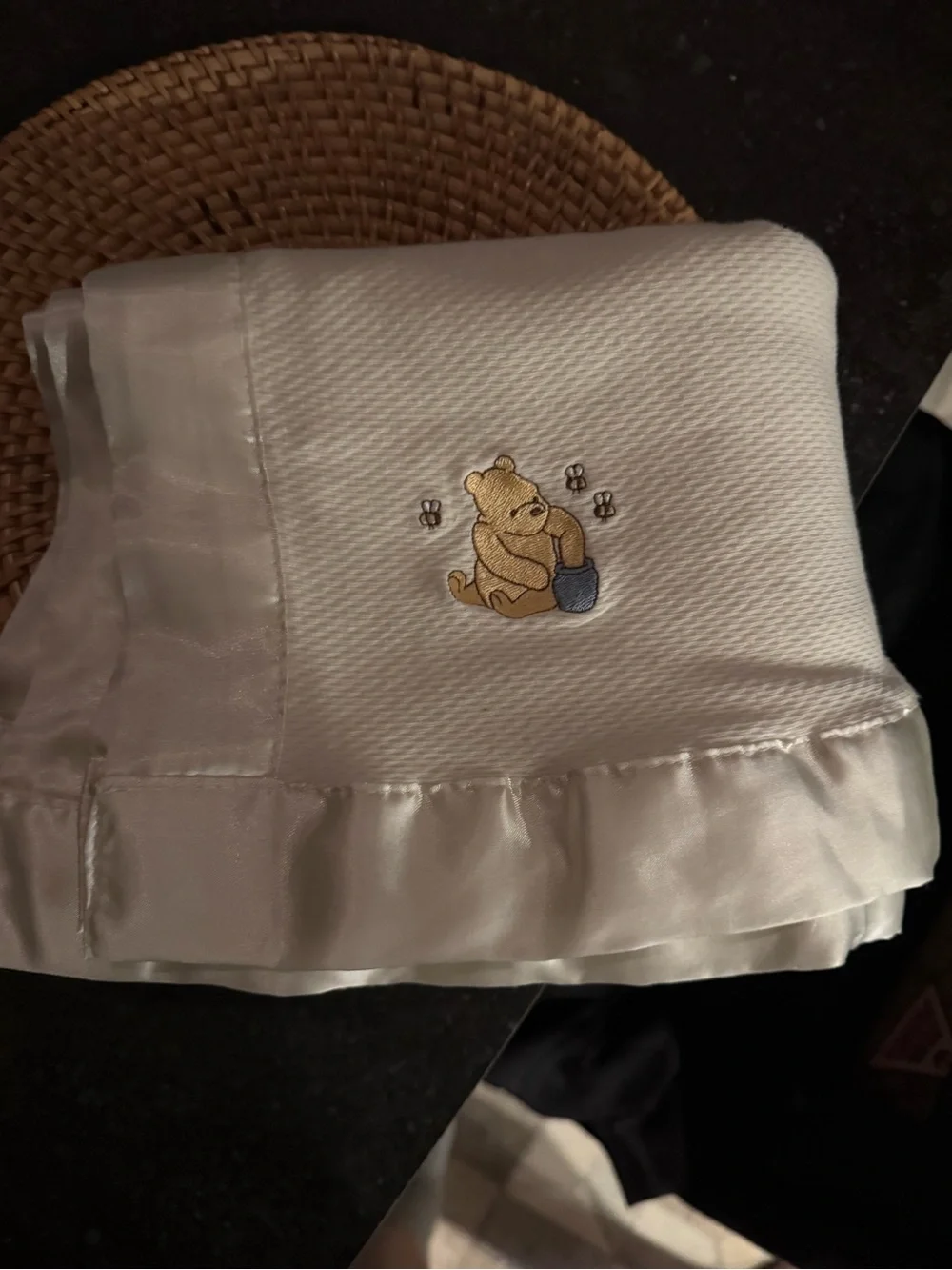 Disney Classic Pooh Satin Edge Embroidered Baby Blanket - Ivory